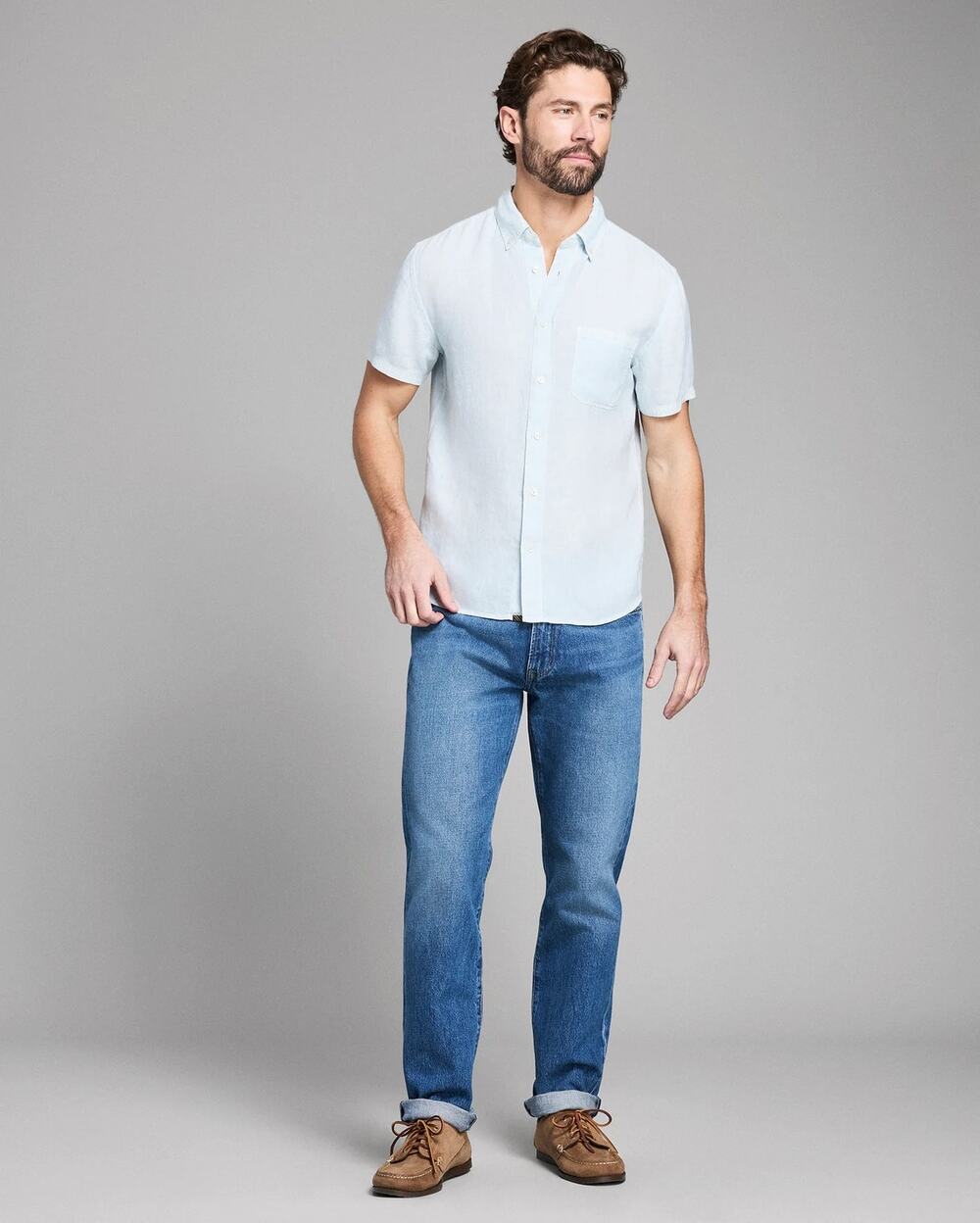 Billy Reid Short Sleeve Linen Tuscumbia Blue Standard Button Down Casual Shirt